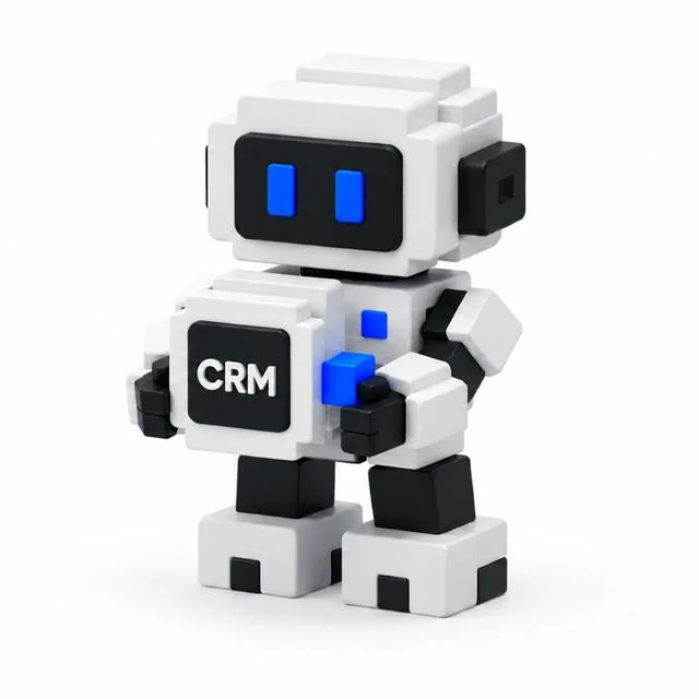 Роботът на AI агента за CRM държи модул със знака на агента.
