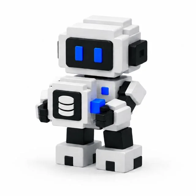 Роботът на AI агента за данни държи модул със знака на агента.