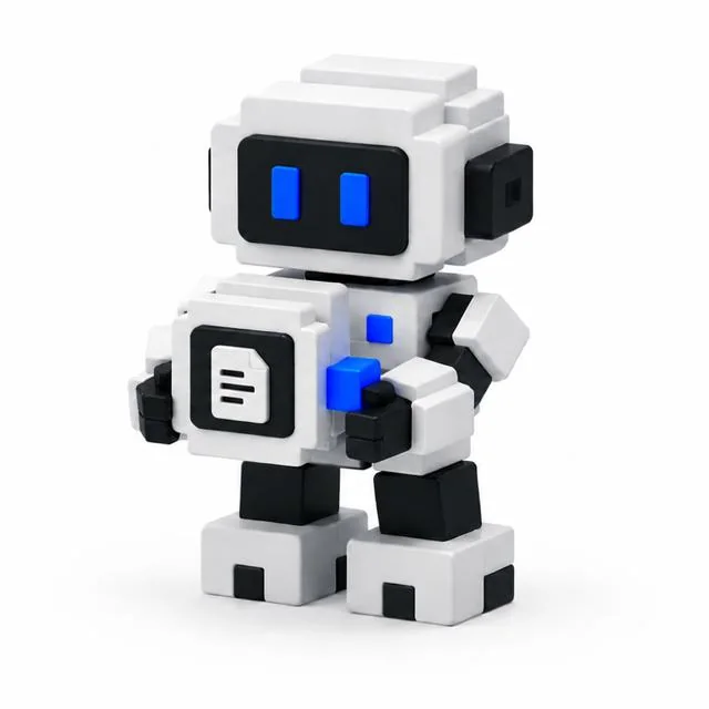 Роботът на AI агента за документи държи модул със знака на агента.