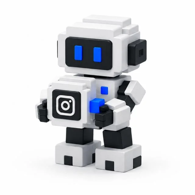 Роботът на AI агента за Instagram държи модул със знака на агента.