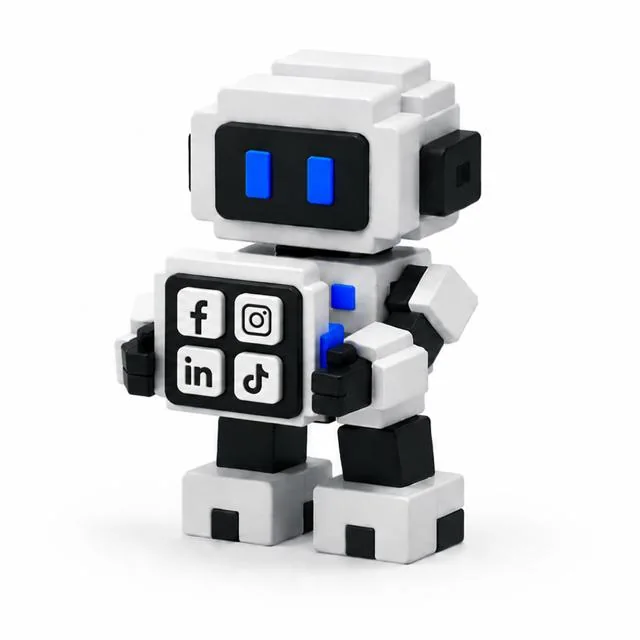 Роботът на AI агента за социални мрежи държи модул със знака на агента.