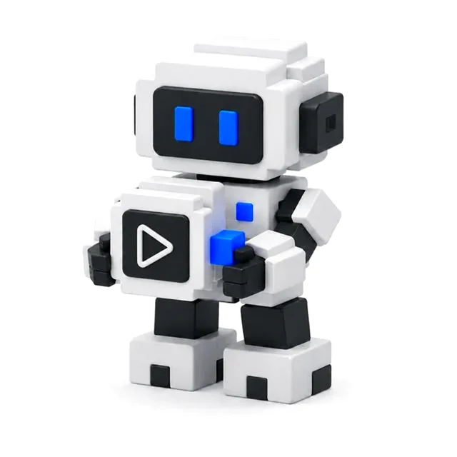 Роботът на AI агента за видео държи модул със знака на агента.