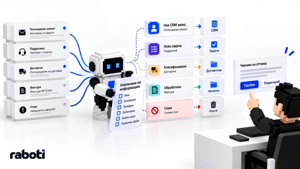 Данни от имейли се насочват към CRM, задачи, доставчици, финанси или кошче, а човек одобрява чернова