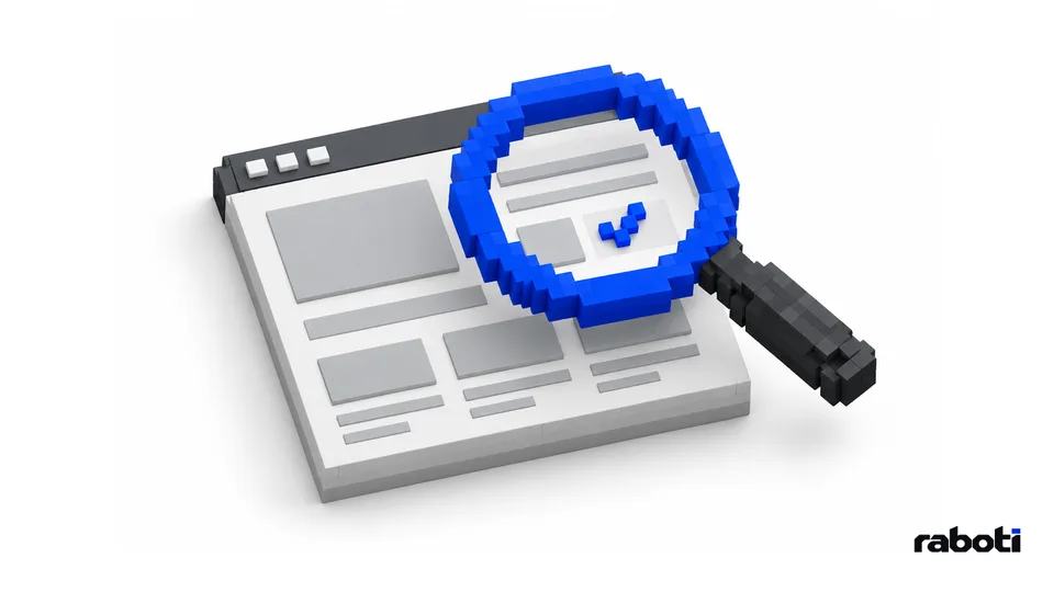 Лупа над страница от фирмен сайт, която отбелязва проверена част: SEO одит на сайт
